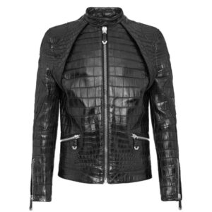 mens black texture crocodile leather jacket