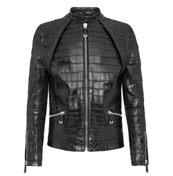 mens black texture crocodile leather jacket