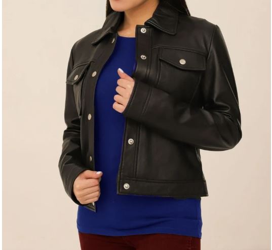 Trucker Style Leather Jacket Women