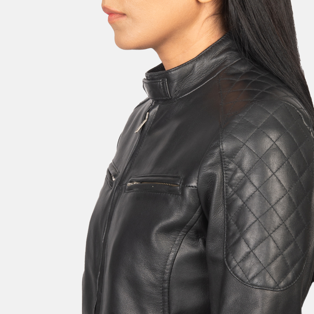 Facto women black leather bomber jacket