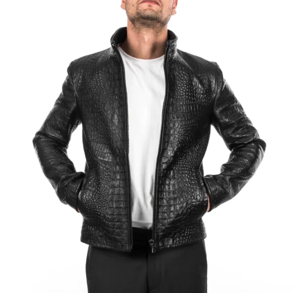 mens black embossed leather jacket