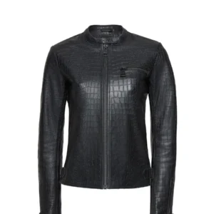 Fashion Crocodile Embossed Leather Jacket Women Black Crocodile Leather Motorcycle Jacket Women