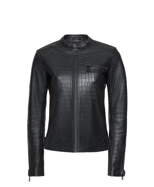 Fashion Crocodile Embossed Leather Jacket Women Black Crocodile Leather Motorcycle Jacket Women