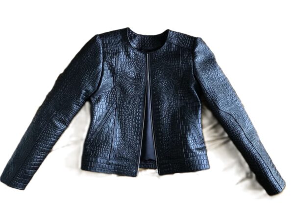 Black Crocodile Leather Motorcycle Jacket Women Women’s Black Biker Jacket with Crocodile Detailing