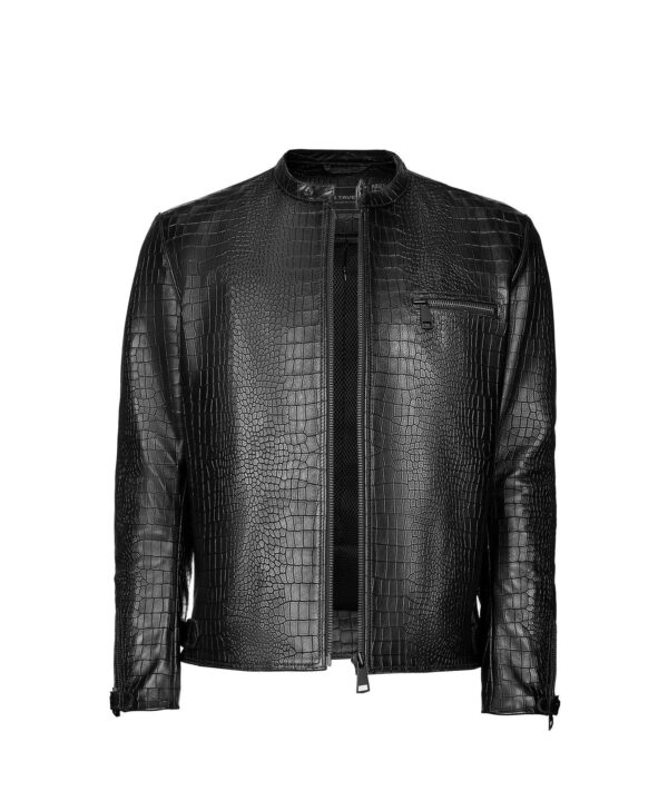 facto black crocodile leather jacket