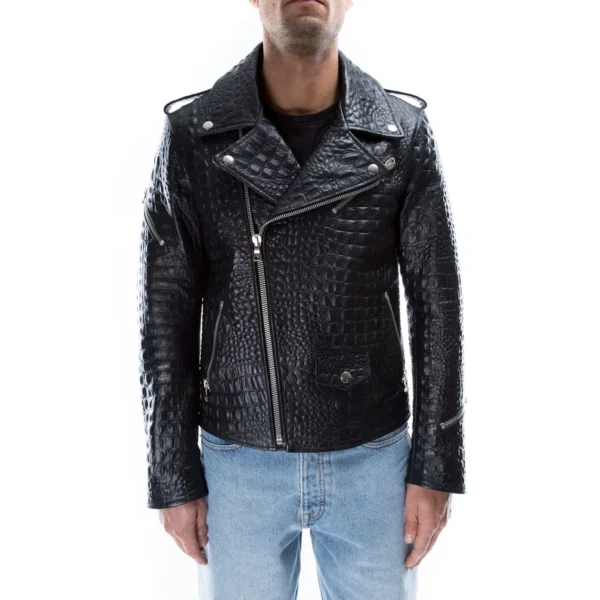 mens crocodile leather biker jacket