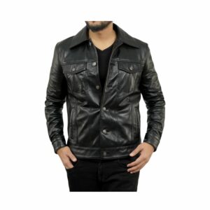 Mens trucker leather black trending facto jacket