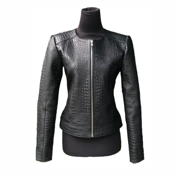 Women’s Black Crocodile Embossed Biker Jacket Black Crocodile Print Biker Jacket for Women