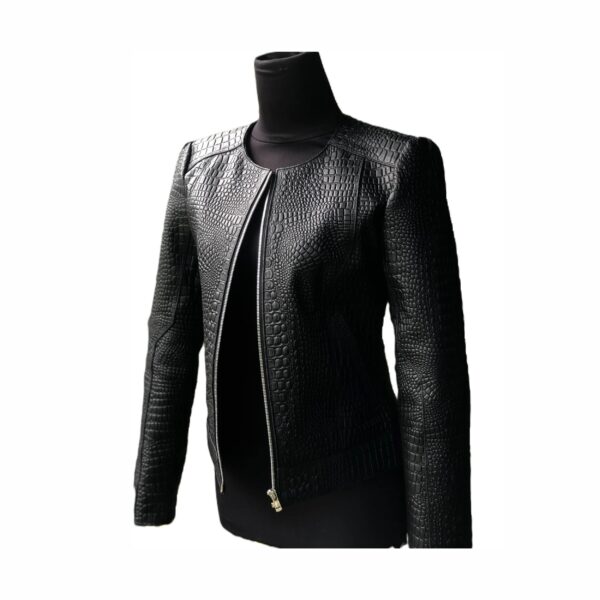 Black Embossed Crocodile Biker Jacket for Women Fashion Crocodile Embossed Leather Jacket Women